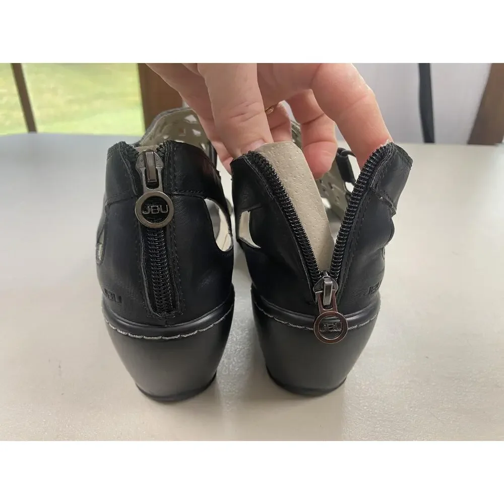 JBU Wedge Sandals Womens 11 Black Vegan Isla Zip Memory Foam Cutout Strappy